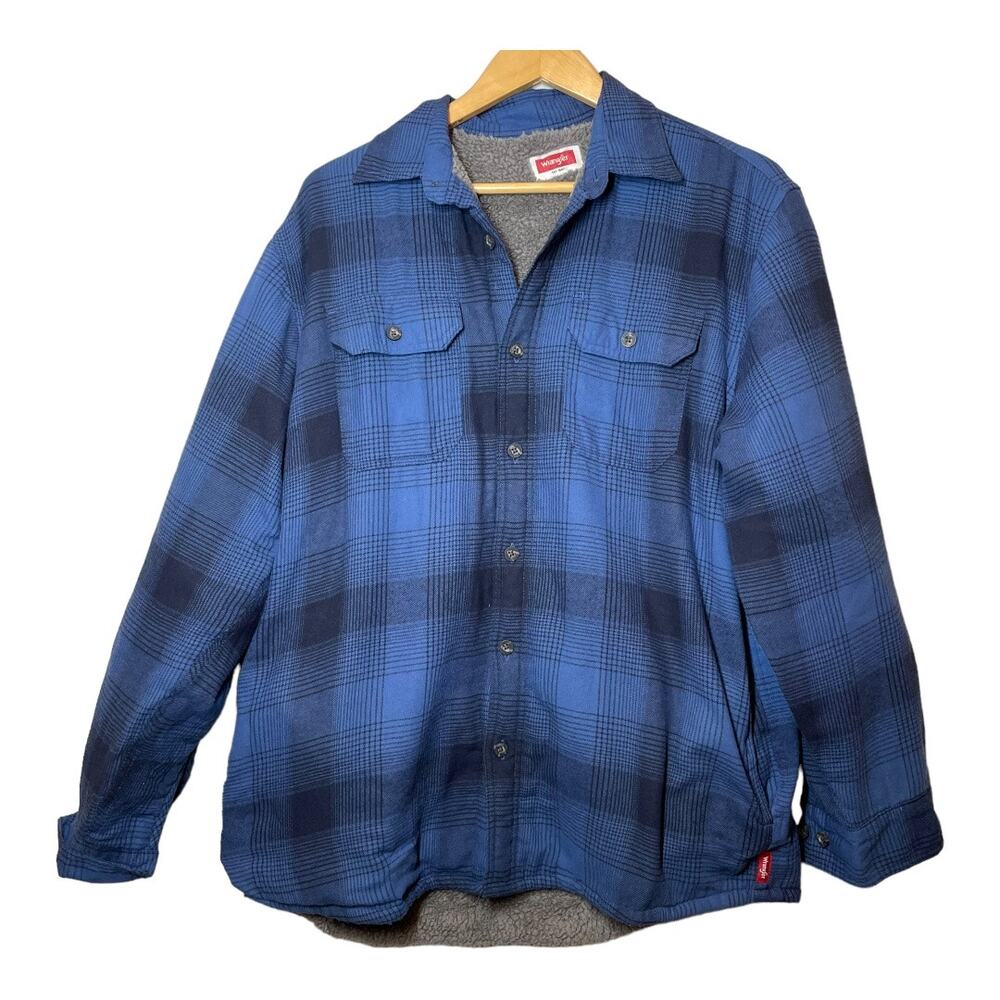 Wrangler Plaid Sherpa Shacket Mens Medium Blue Flannel Shirt Jacket